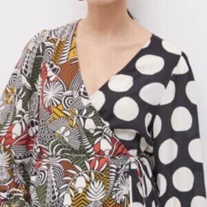 Farm Rio | Anthropologie Rainforest Wrap Blouse Small B&W Multicolored Dots